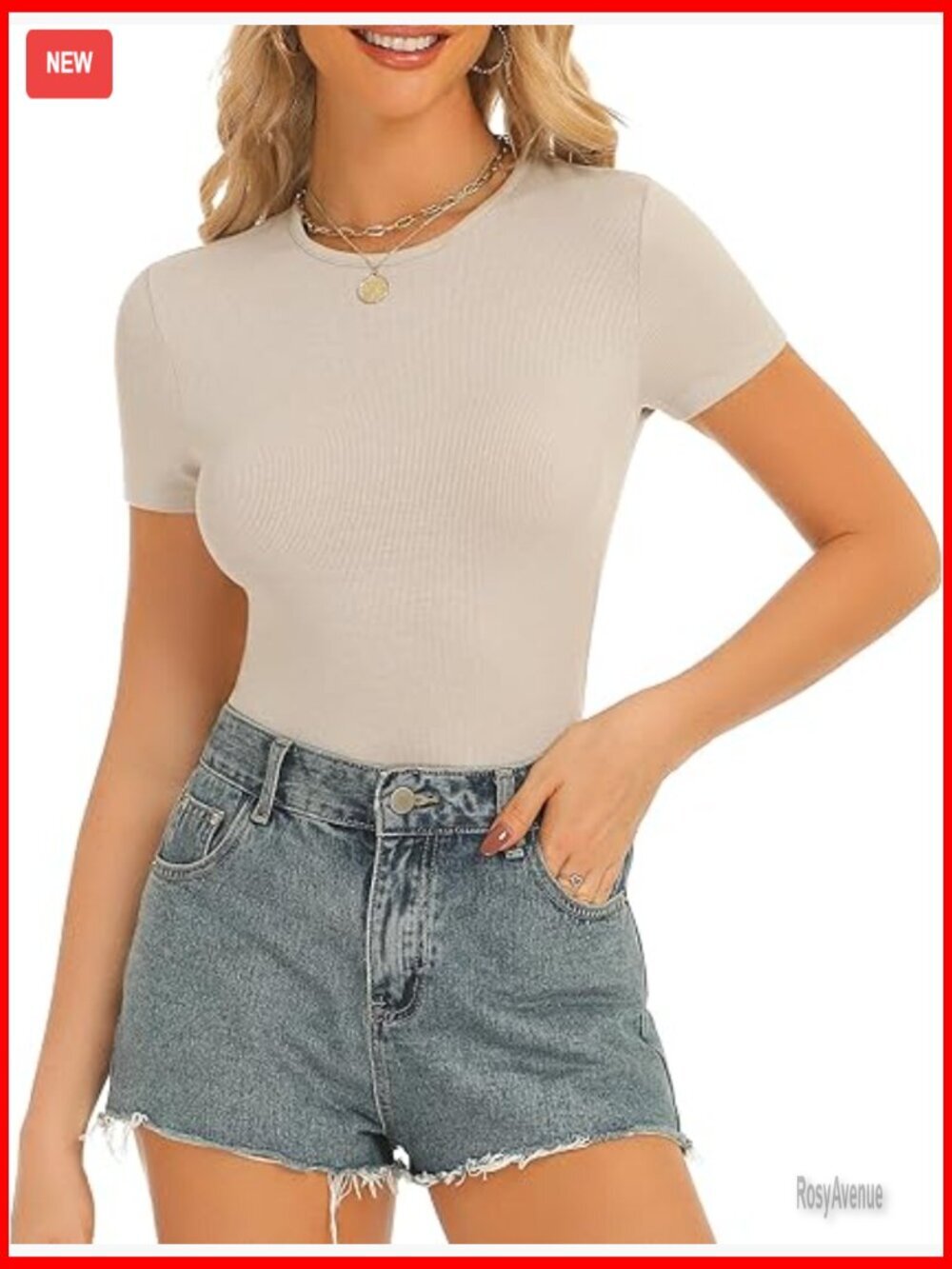 Ribbed Short Sleeve Crew Neck Tee Slim Fit T-Shirt Women's Casual Blouse